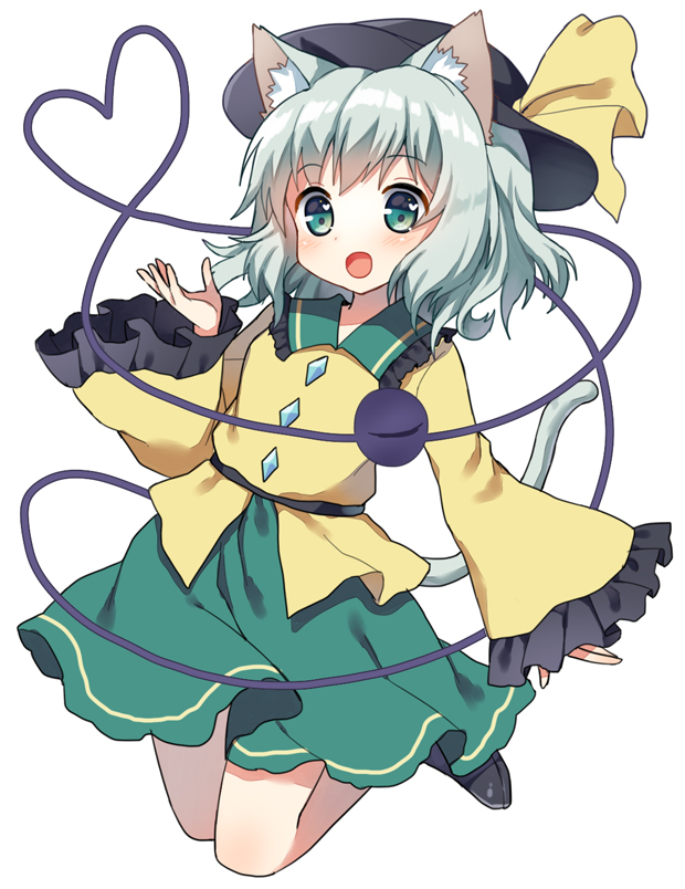 1girl :d animal_ears bangs black_headwear cat_ears eyebrows_visible_through_hair frilled_sleeves frills full_body green_eyes green_hair green_skirt hat hat_ribbon heart heart_of_string komeiji_koishi legs_up long_sleeves looking_at_viewer mauve one-hour_drawing_challenge open_mouth ribbon shirt short_hair simple_background skirt smile solo third_eye touhou white_background wide_sleeves yellow_ribbon yellow_shirt