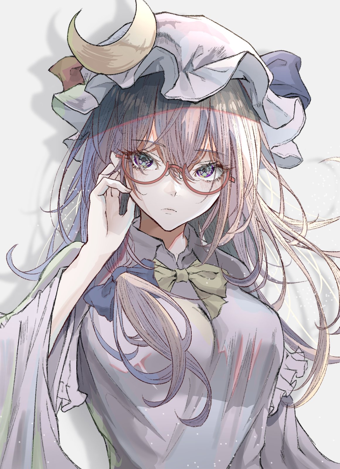 1girl bespectacled breasts closed_mouth commentary_request crescent crescent_hat_ornament dress drop_shadow expressionless glasses hand_on_eyewear hand_up hat hat_ornament hegata_(hegatia_lapis) highres large_breasts long_hair looking_at_viewer mob_cap patchouli_knowledge purple_hair solo touhou upper_body violet_eyes white_dress white_headwear wide_sleeves
