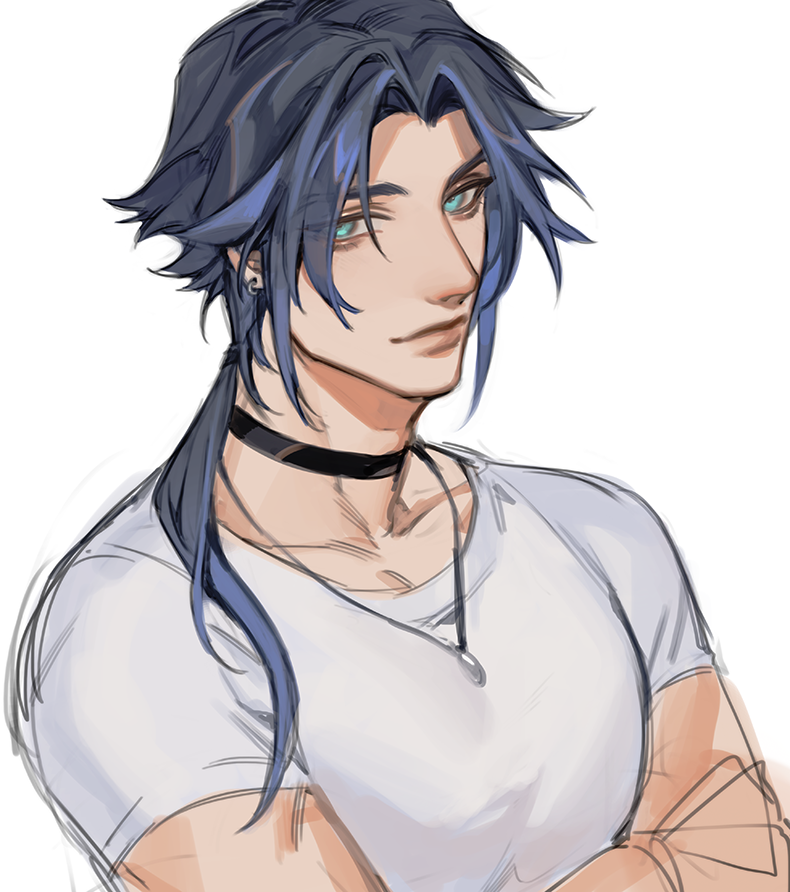 1boy aqua_eyes bangs black_choker blue-haired_boy_(how_to_draw_manga) blue_hair blush choker closed_mouth collarbone commentary crossed_arms earrings english_commentary eyebrows_visible_through_hair hair_intakes hair_tie how_to_draw_manga jewelry light_blush long_hair looking_at_viewer male_focus muscular muscular_male necklace ponytail shirt short_sleeves simple_background sketch solo tied_hair upper_body white_background white_shirt xin_(cveol)