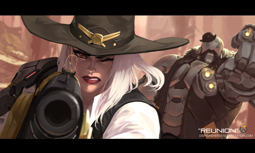 1boy 1girl aiming arm_cannon ashe_(overwatch) black_eyeshadow black_headwear black_vest bob_(overwatch) clenched_hand collared_shirt cowboy_hat dishwasher1910 eyeshadow green_eyes gun hat holding holding_gun holding_weapon makeup mole mole_above_mouth one_eye_closed overwatch red_eyes reward_available robot science_fiction shirt vest weapon western white_hair white_shirt