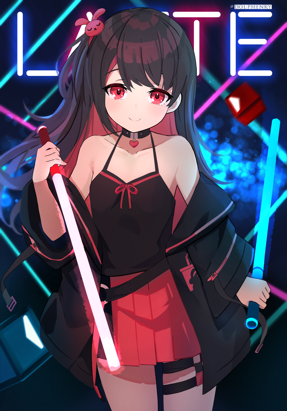 1girl bangs bar_censor bare_shoulders beat_saber black_camisole black_hair black_jacket bunny_hair_ornament camisole censored closed_mouth collar collarbone colored_inner_hair cowboy_shot hair_ornament halter_top halterneck heart_collar highres indie_virtual_youtuber jacket koucha_latte long_hair looking_at_viewer miniskirt multicolored_hair off_shoulder one_side_up pleated_skirt red_eyes red_skirt redhead san_ke_yue_shi skirt smile solo spaghetti_strap swept_bangs thigh_strap virtual_youtuber