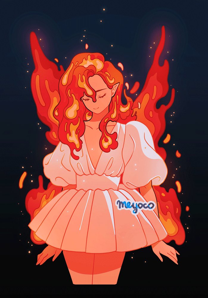 1girl artist_name black_background closed_eyes cowboy_shot cropped_legs dress fiery_hair fiery_wings fire meyoco original pointy_ears puffy_short_sleeves puffy_sleeves short_sleeves simple_background smile solo white_dress wings
