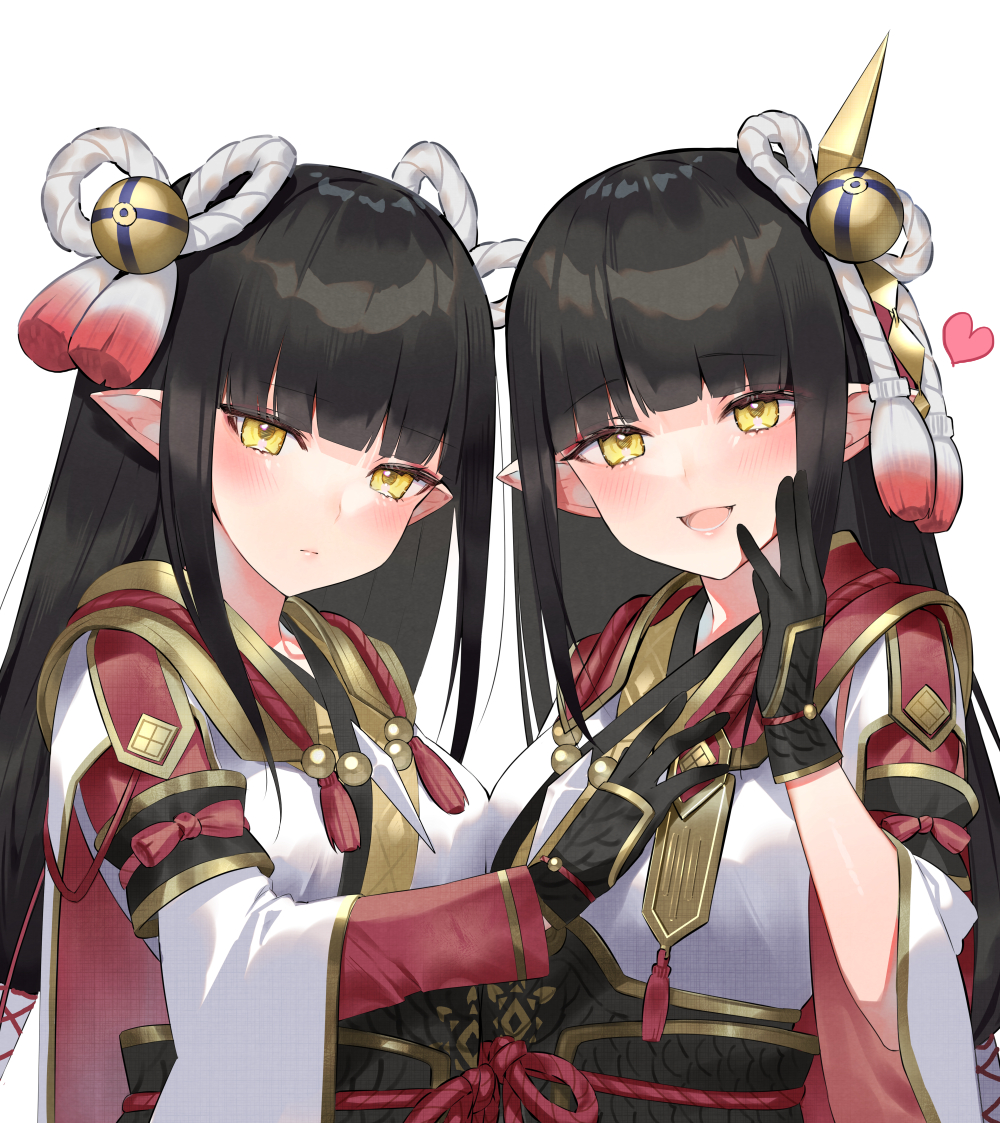 2girls :d asagi_yuna bangs black_gloves black_hair blunt_bangs blush commentary_request eyebrows_visible_through_hair gloves hair_ornament hand_on_another's_chest heart hinoa japanese_clothes long_hair long_sleeves looking_at_viewer minoto monster_hunter_(series) monster_hunter_rise multiple_girls open_mouth pointy_ears rope siblings simple_background smile twins upper_body white_background wide_sleeves yellow_eyes