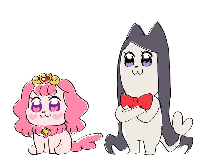 :3 bkub_(style) black_hair bow bowtie cat commentary crossed_arms dog gift_art go!_princess_precure hair_ornament heart heart_hair_ornament heart_in_eye heart_tail long_hair medium_hair miss_siamour multicolored multicolored_eyes nakatani_yukiko no_humans parody pink_eyes pink_hair poptepipic precure puff_(go!_princess_precure) red_neckwear simple_background sketch smile symbol_in_eye tail tiara very_long_hair violet_eyes white_background