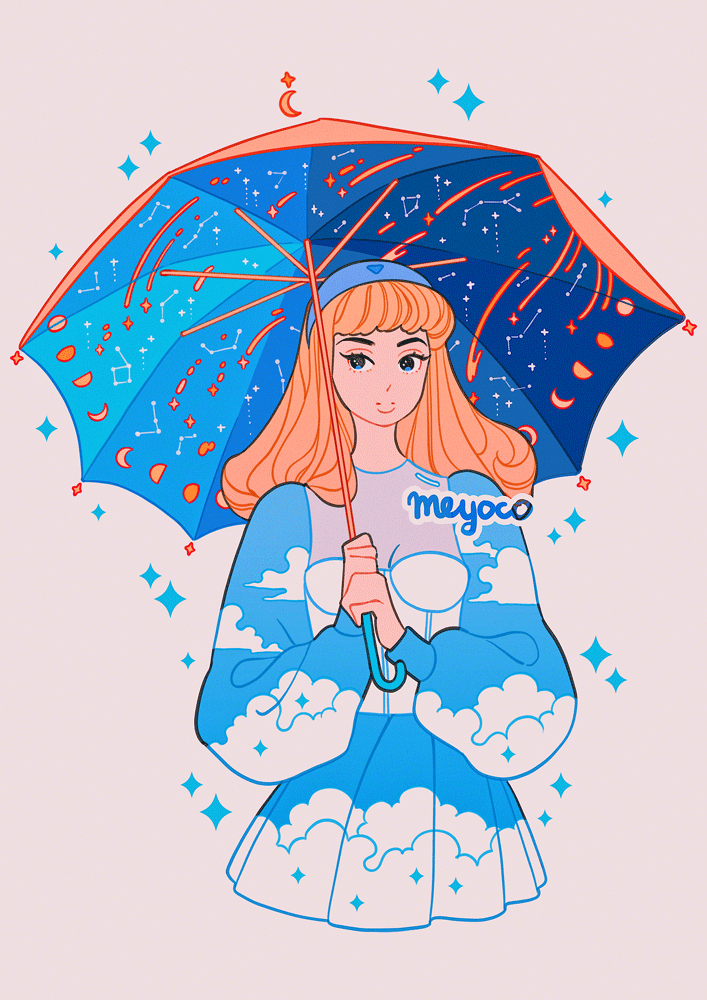 1girl artist_name bangs blonde_hair constellation cropped_torso grey_background holding holding_umbrella long_hair long_sleeves meyoco moon_phases original puffy_long_sleeves puffy_sleeves simple_background solo sparkle umbrella upper_body