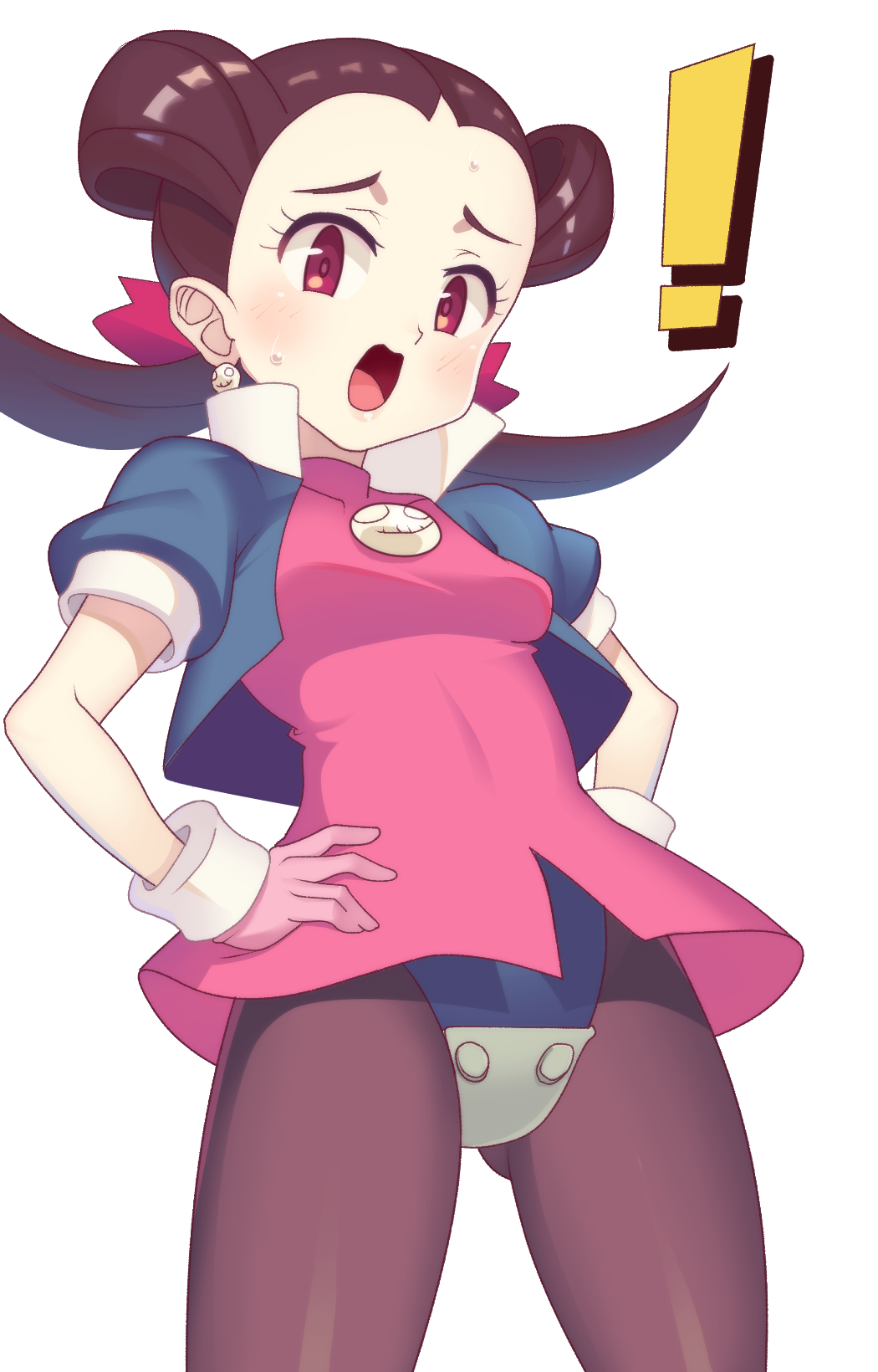 ! 1girl alternate_costume blush brown_hair brown_legwear commentary cosplay covered_collarbone cropped_jacket dress earrings eyelashes from_below gazing_eye gloves hair_ribbon hair_rings hands_on_hips highres jacket jewelry long_hair looking_at_viewer mega_man_(series) open_clothes open_jacket open_mouth pantyhose pink_dress pink_gloves pokemon pokemon_(game) pokemon_oras raised_eyebrows red_eyes ribbon roxanne_(pokemon) shiny shiny_hair short_dress short_sleeves simple_background solo tongue tron_bonne_(mega_man) tron_bonne_(mega_man)_(cosplay) twintails white_background