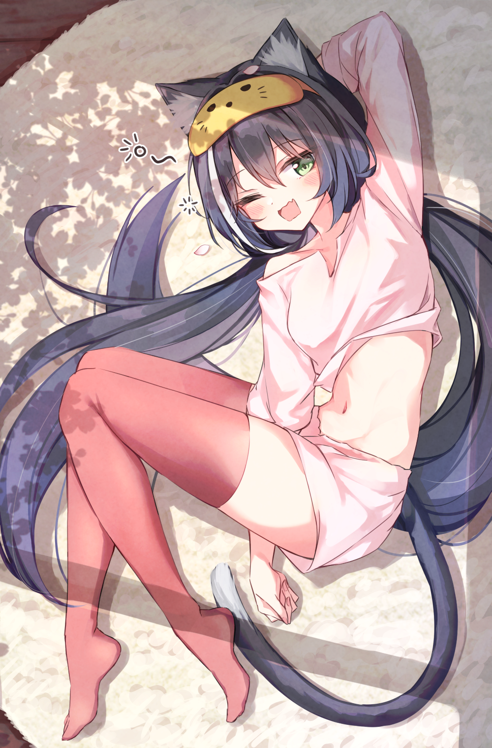 1girl animal_ear_fluff animal_ears bangs beliatan between_legs black_hair blush breasts carpet cat_ears cat_girl cat_tail commentary eyebrows_visible_through_hair from_above hair_between_eyes hand_between_legs highres karyl_(princess_connect!) long_hair long_sleeves looking_at_viewer lying mask mask_on_head medium_breasts midriff multicolored_hair navel no_shoes on_side one_eye_closed open_mouth pajamas pink_pajamas pink_shorts princess_connect! princess_connect!_re:dive red_legwear shorts sleep_mask solo streaked_hair tail thigh-highs twintails very_long_hair white_hair yawning