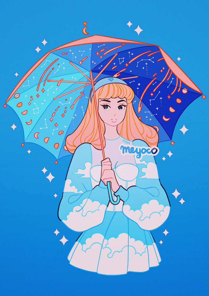 1girl artist_name bangs blonde_hair blue_background constellation cropped_torso gradient gradient_background holding holding_umbrella long_hair long_sleeves meyoco moon_phases original puffy_long_sleeves puffy_sleeves solo sparkle umbrella upper_body