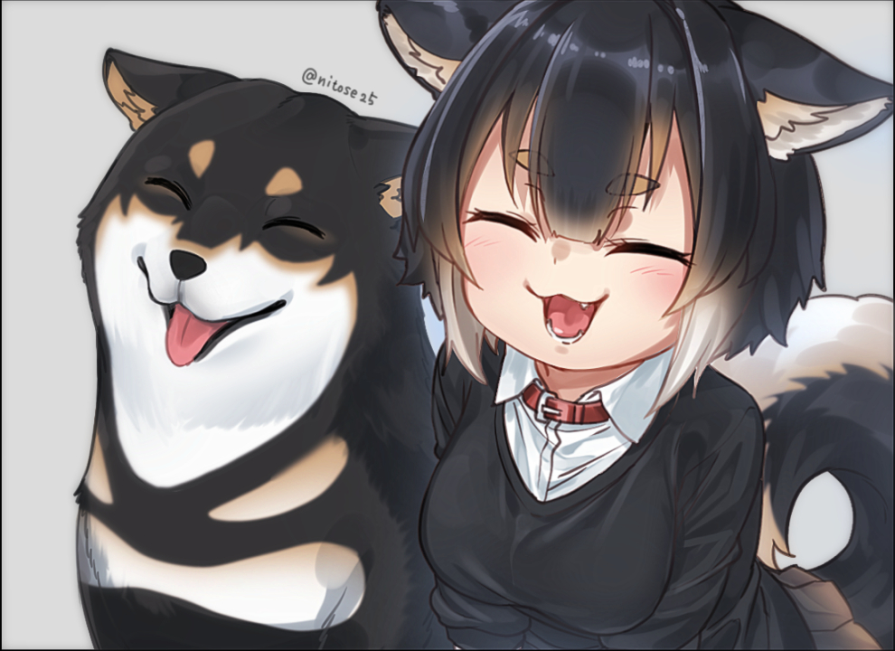 1girl :d ^_^ animal animal_ears bangs black_hair black_sweater blush breasts brown_hair brown_skirt closed_eyes collar collared_shirt commentary_request dog dog_ears dog_girl dog_tail dress_shirt eyebrows_visible_through_hair facing_viewer fang grey_background medium_breasts multicolored_hair nyifu open_mouth original pleated_skirt red_collar shirt short_eyebrows simple_background skirt smile solo streaked_hair sweater tail tail_raised thick_eyebrows tongue tongue_out twitter_username white_hair white_shirt
