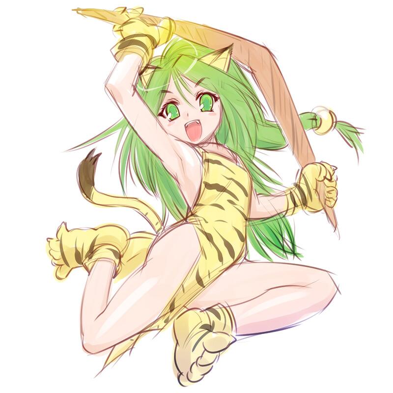 1girl animal_ears animal_print boomerang cat_ears cat_tail cham_cham gloves green_eyes green_hair long_hair looking_at_viewer open_mouth paw_gloves paw_shoes paws samurai_spirits shoes simple_background solo tail tiger_print ueyama_michirou white_background