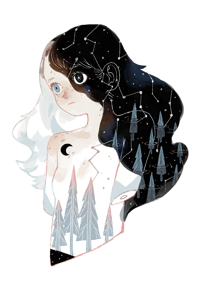 1girl armless black_hair breasts closed_mouth constellation crescent forest freckles heterochromia long_hair looking_to_the_side multicolored_hair nature neetiska original small_breasts surreal torso tree_print two-tone_hair wavy_hair white_background white_hair