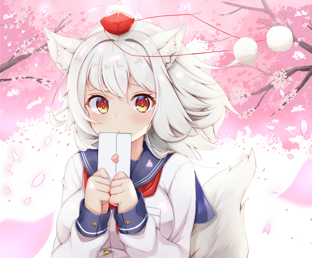 1girl animal_ear_fluff animal_ears blush breasts cherry_blossoms commentary_request day floating_hair hands_up hat heart holding holding_letter inubashiri_momiji large_breasts letter looking_at_viewer medium_hair outdoors petals rururiaru solo tokin_hat touhou upper_body white_hair wolf_ears
