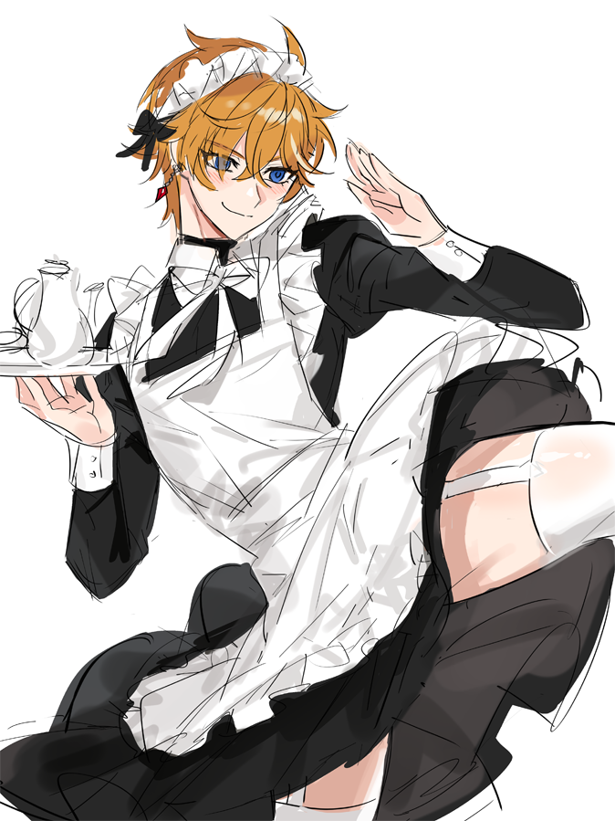 1boy alternate_costume apron bangs blue_eyes closed_mouth dress enmaided frilled_dress frilled_skirt frills genshin_impact hair_between_eyes holding holding_tray jewelry maid maid_headdress male_focus orange_hair puffy_sleeves short_hair simple_background single_earring skirt smile solo sssss2222 tartaglia_(genshin_impact) tray white_background