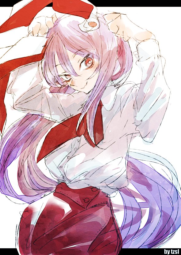 :3 animal_ears long_hair looking_at_viewer necktie purple_hair rabbit_ears red_eyes red_skirt reisen_udongein_inaba shirt sidelocks signature skirt touhou tsuru_(nekopanchi) white_background white_shirt