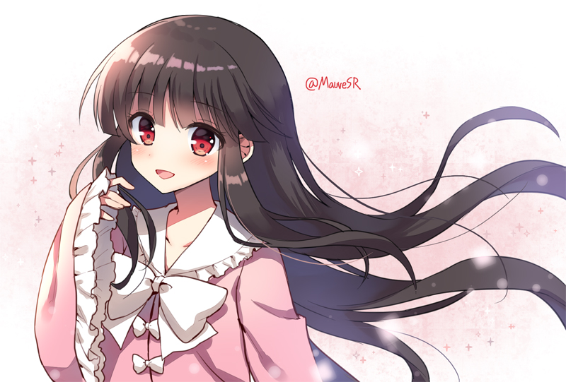 1girl :d bangs black_hair blunt_bangs bow bowtie collarbone eyebrows_visible_through_hair floating_hair hime_cut houraisan_kaguya light_particles long_hair long_sleeves looking_at_viewer mauve one-hour_drawing_challenge open_mouth red_eyes smile solo touhou twitter_username upper_body very_long_hair white_bow white_neckwear wide_sleeves
