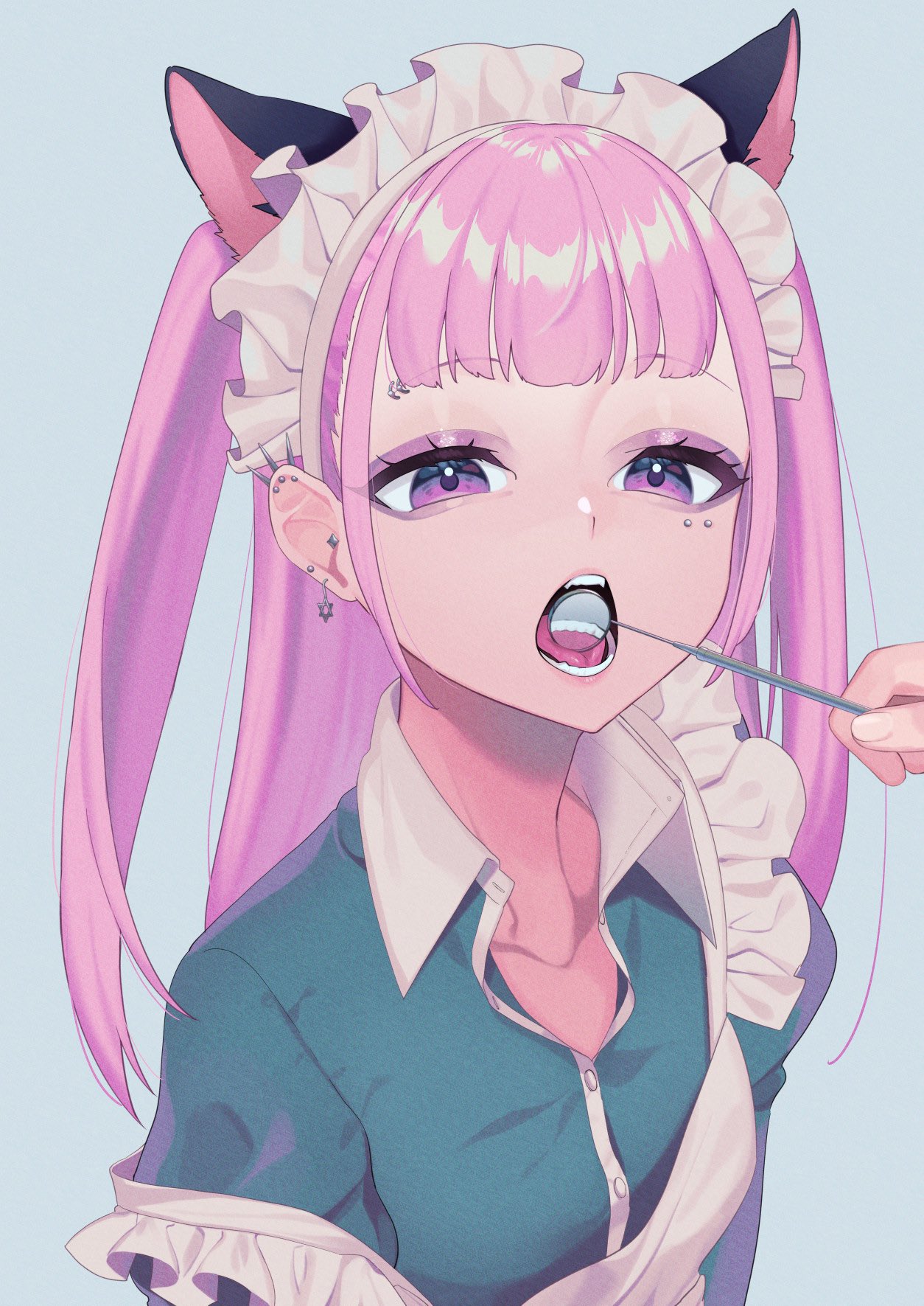 1girl 786(nayam) animal_ears apron bangs blue_background cat_ears ear_piercing eyeliner highres long_hair looking_at_viewer makeup mirror open_mouth original piercing purple_hair simple_background teeth twintails violet_eyes