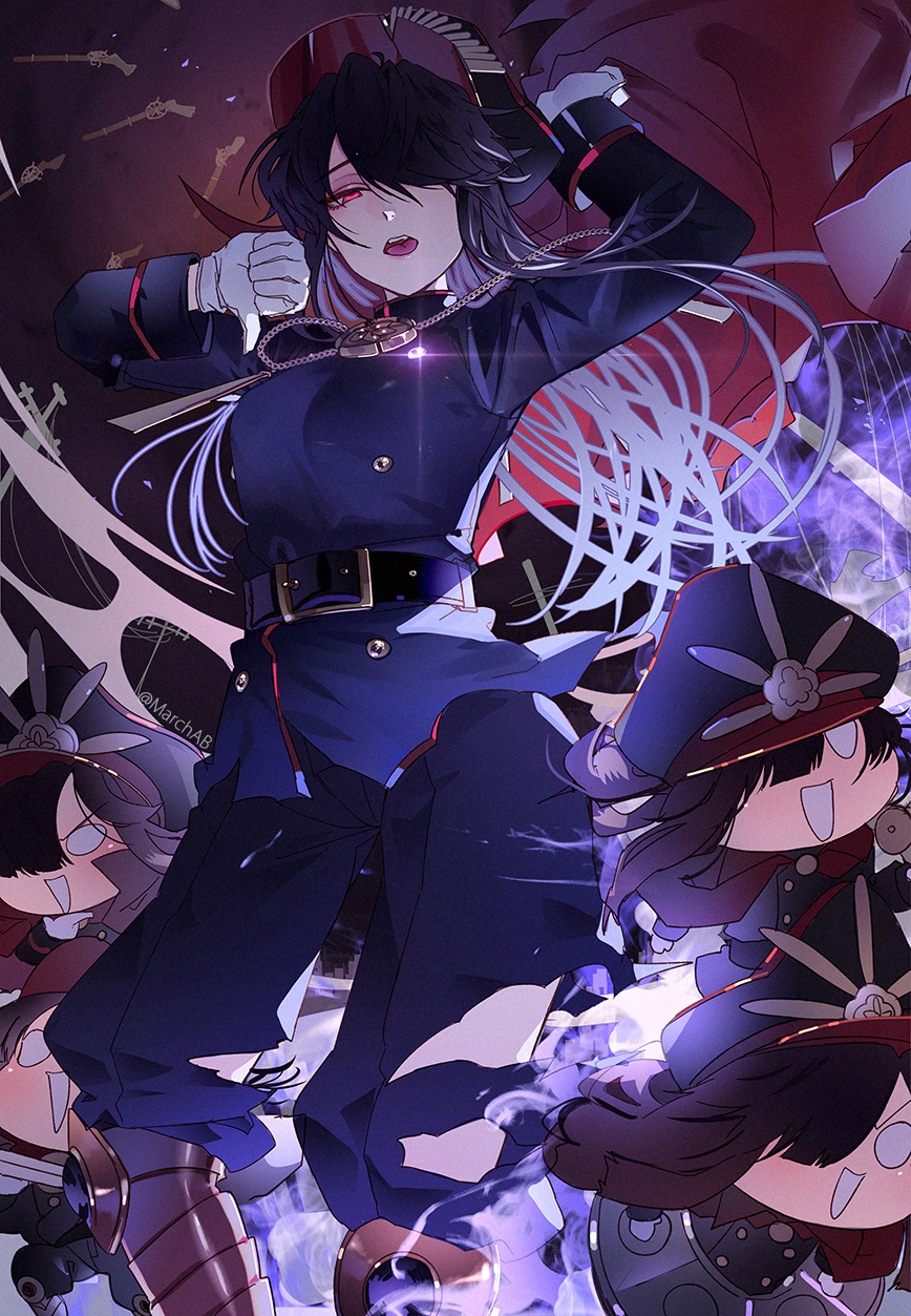 1girl armored_boots bangs belt black_hair black_headwear black_jacket black_pants boots breasts buttons cape chain chibi family_crest fate/grand_order fate_(series) gloves hair_over_one_eye hat highres jacket knee_boots koha-ace large_breasts long_hair long_sleeves march_ab medallion oda_nobunaga_(fate) oda_nobunaga_(fate)_(all) oda_uri open_mouth pants peaked_cap popped_collar red_cape red_eyes white_gloves