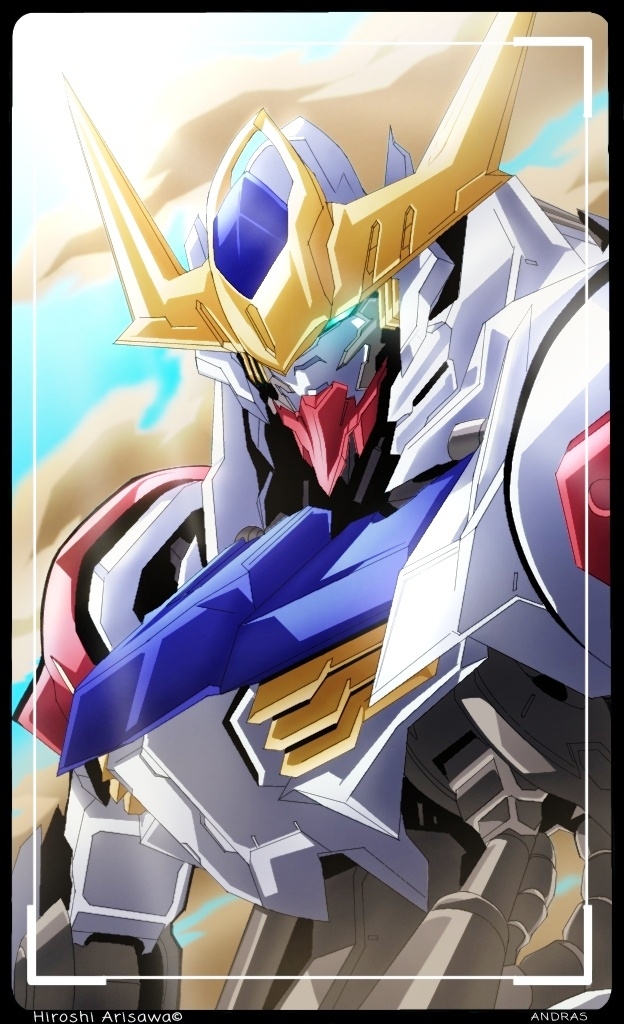 aki.10_01 black_border blue_eyes border glowing glowing_eye gundam gundam_barbatos gundam_barbatos_lupus gundam_tekketsu_no_orphans mecha mobile_suit no_humans piston science_fiction sky solo upper_body v-fin