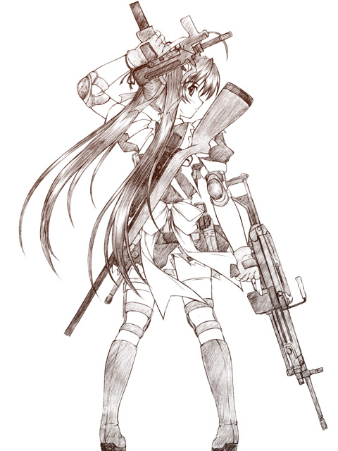 boots brown combat_maid elbow_pads gloves gun handgun knee_pads m249 m249_saw machine_gun machine_pistol maid monochrome pistol ribbon ribbons rifle sniper_rifle submachine_gun submachinegun thigh-highs thighhighs trigger_discipline twintails weapon