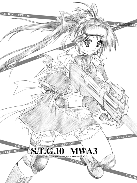 assault_rifle boots bullpup elbow_pads frills gloves goggles gun knee_pads long_hair maid monochrome original p90 ribbon ribbons rifle thigh-highs thighhighs weapon