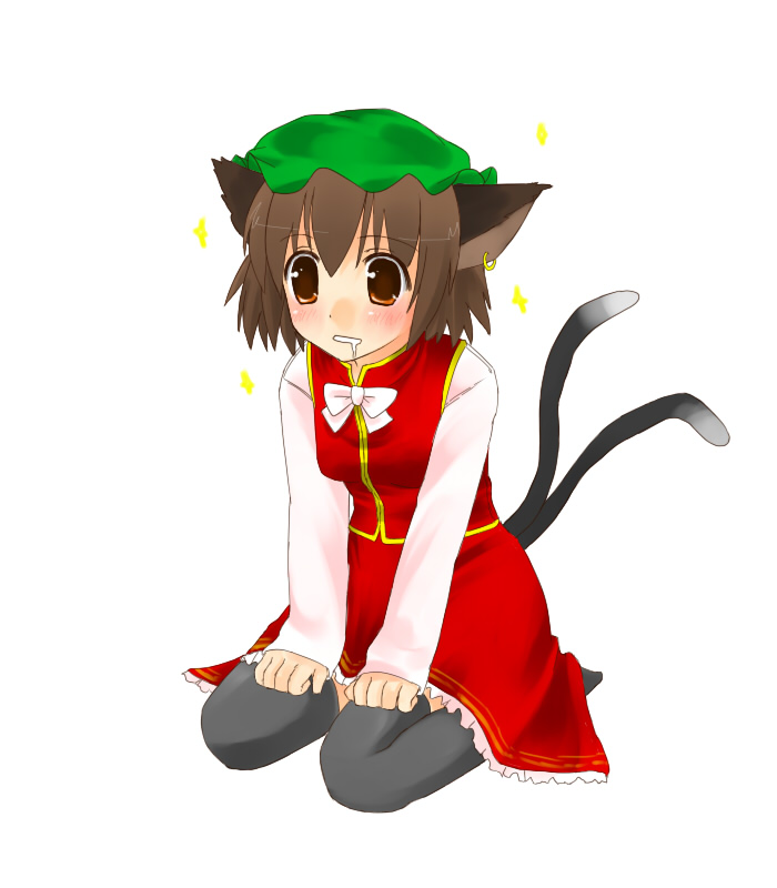black_legwear brown_eyes brown_hair cat_ears cat_tail chen earrings hat jewelry multiple_tails saliva short_hair solo tail thigh-highs thighhighs touhou yuuki_(ashitahare)