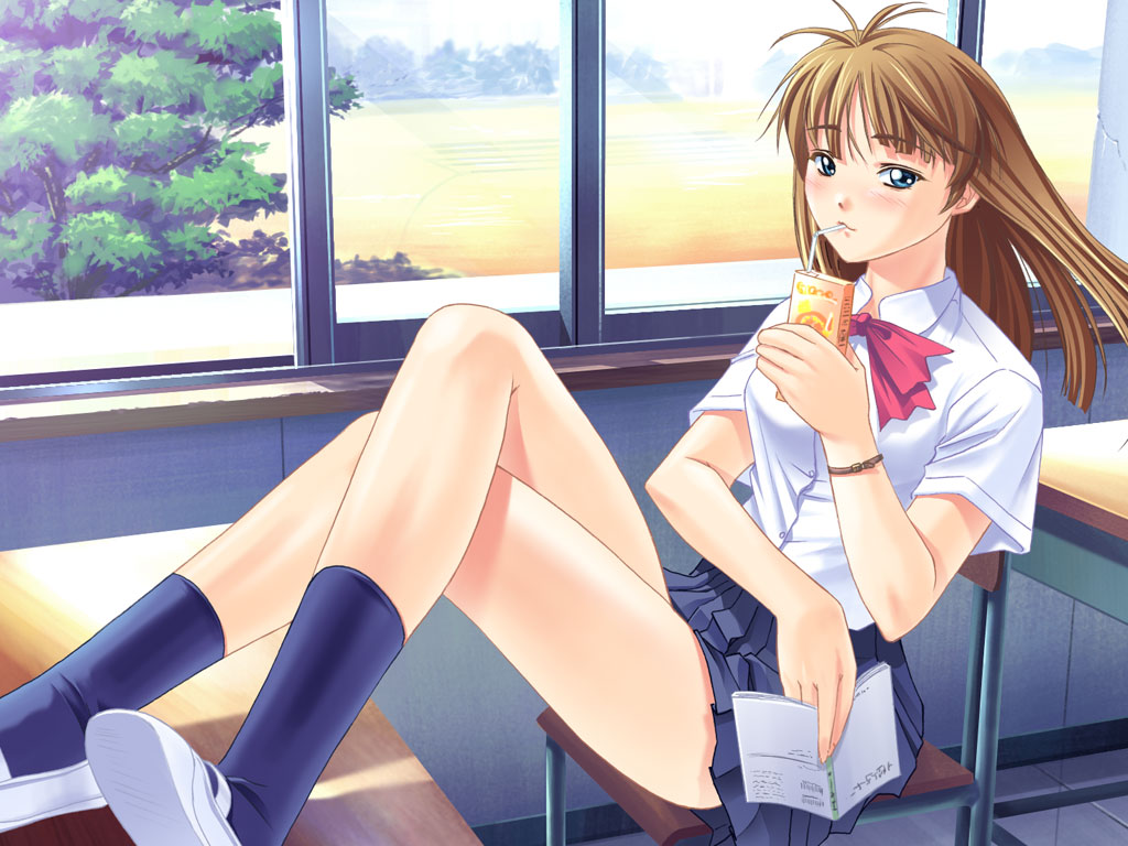 blue_eyes book brown_hair classroom crossed_legs desk jiyuuyuu juice_box legs_crossed long_hair original school_uniform sitting skirt socks uwabaki