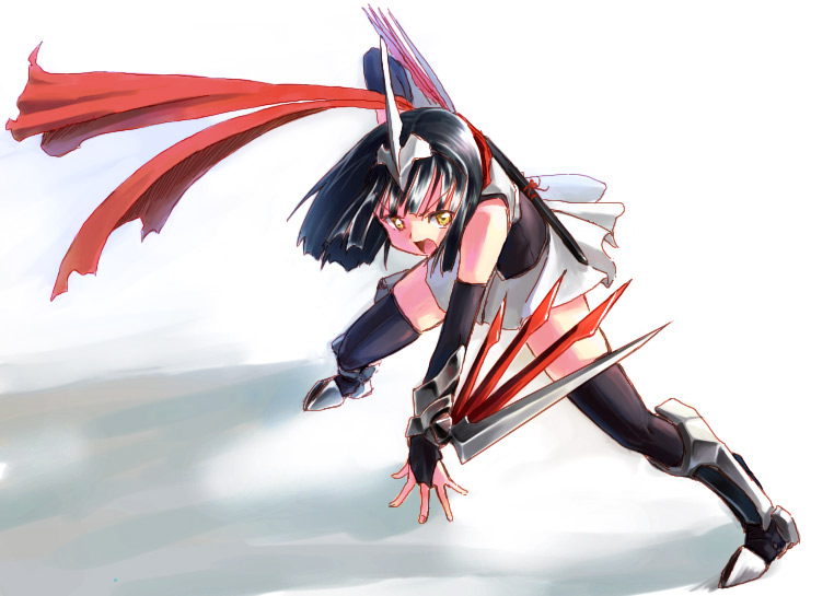 angry bad_id black_hair costume detached_sleeves fingerless_gloves homura_subaru nintendo personification pokemon scabbard scarf shadow sheath short_hair simple_background skarmory skirt solo sword thigh-highs thighhighs weapon white_background yellow_eyes zettai_ryouiki