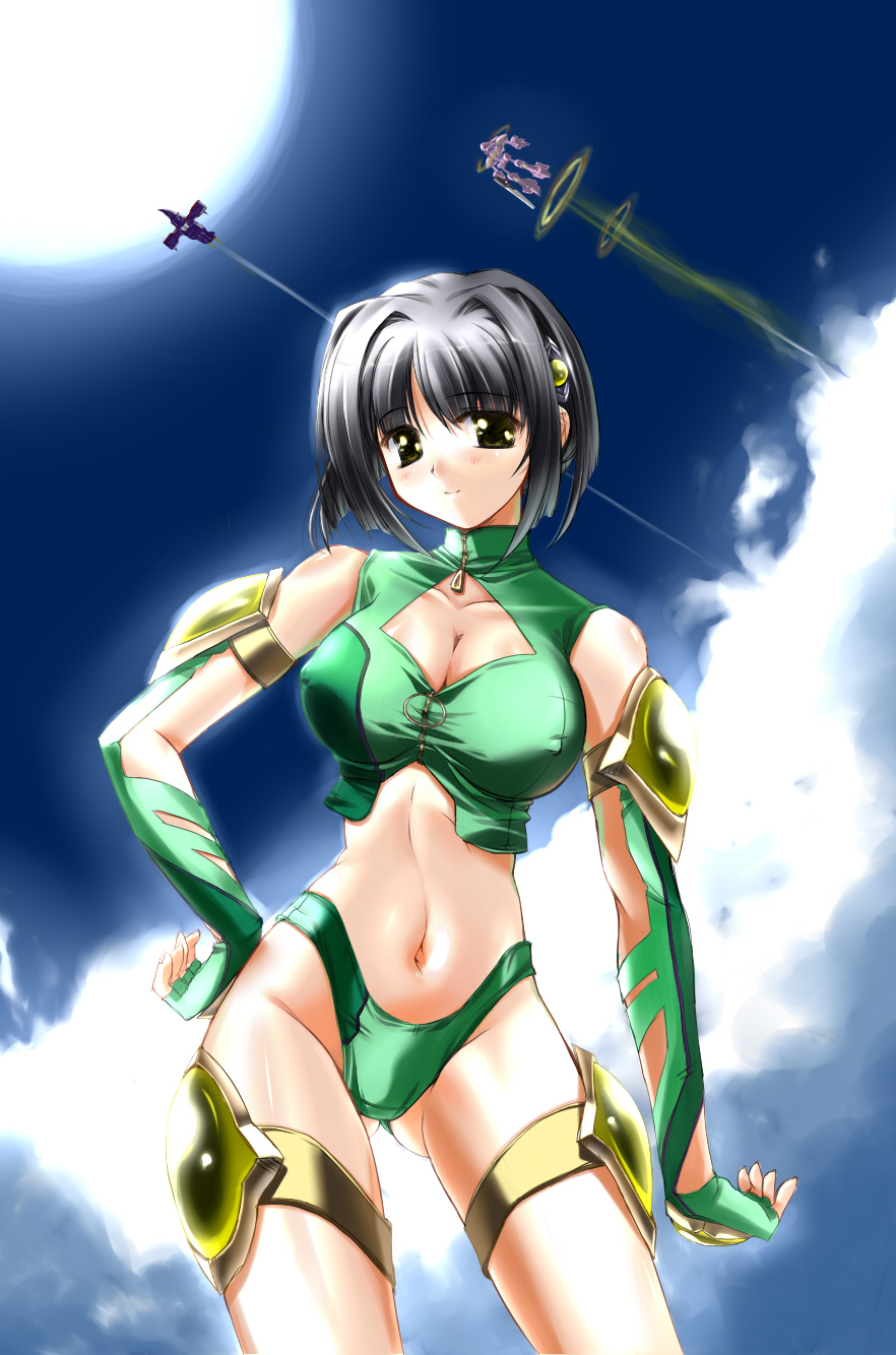 black_hair blouse blush bob_cut brain_powered breasts brown_eyes cleavage cleavage_cutout dancougar elbow_gloves fingerless_gloves gloves green_panties hair_ornament highres katia katia_grineal midriff navel nomal panties short_hair sky standing super_robot_wars super_robot_wars_judgement thigh_strap underwear