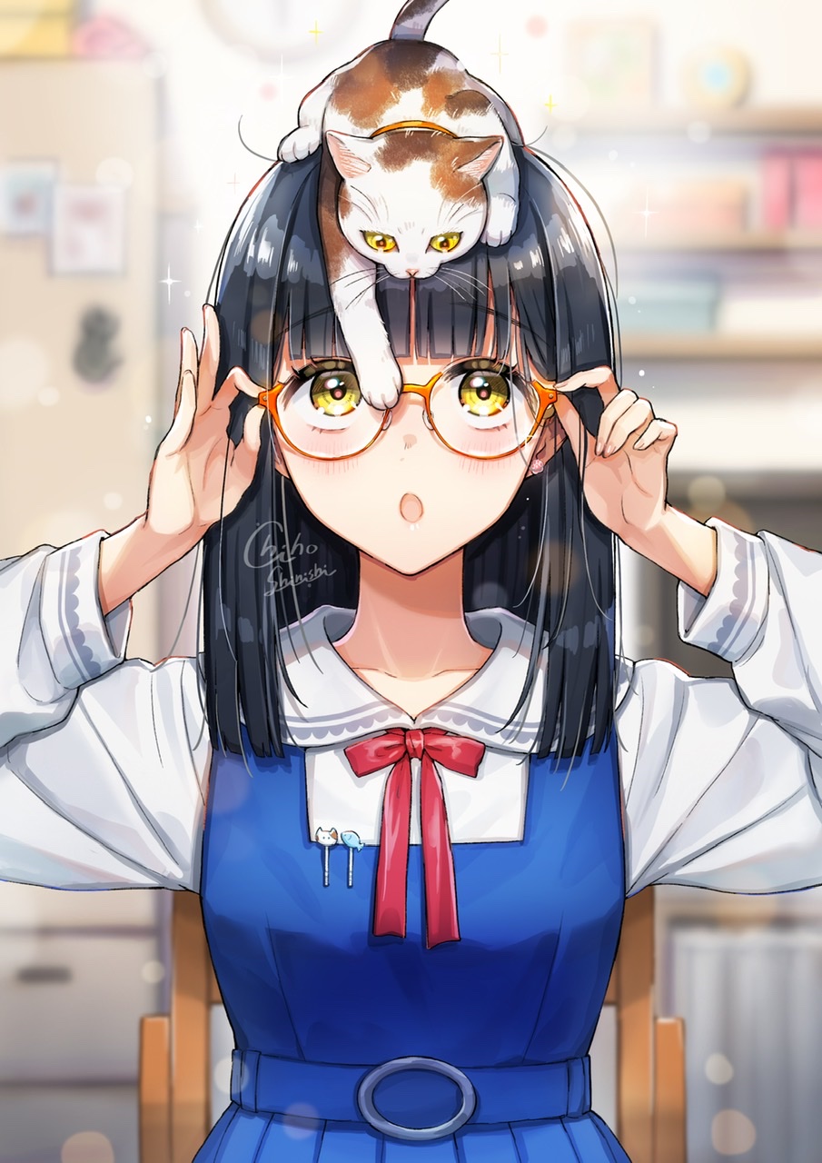 1girl animal_on_head bangs black_hair blue_dress blunt_bangs bow bowtie calico cat cat_on_head chair collarbone collared_shirt dress eyebrows_visible_through_hair glasses highres indoors long_hair long_sleeves looking_up on_head open_mouth original piroshiki123 red_neckwear round_eyewear shirt signature sitting sleeveless sleeveless_dress solo sparkle uniform white_shirt yellow_eyes