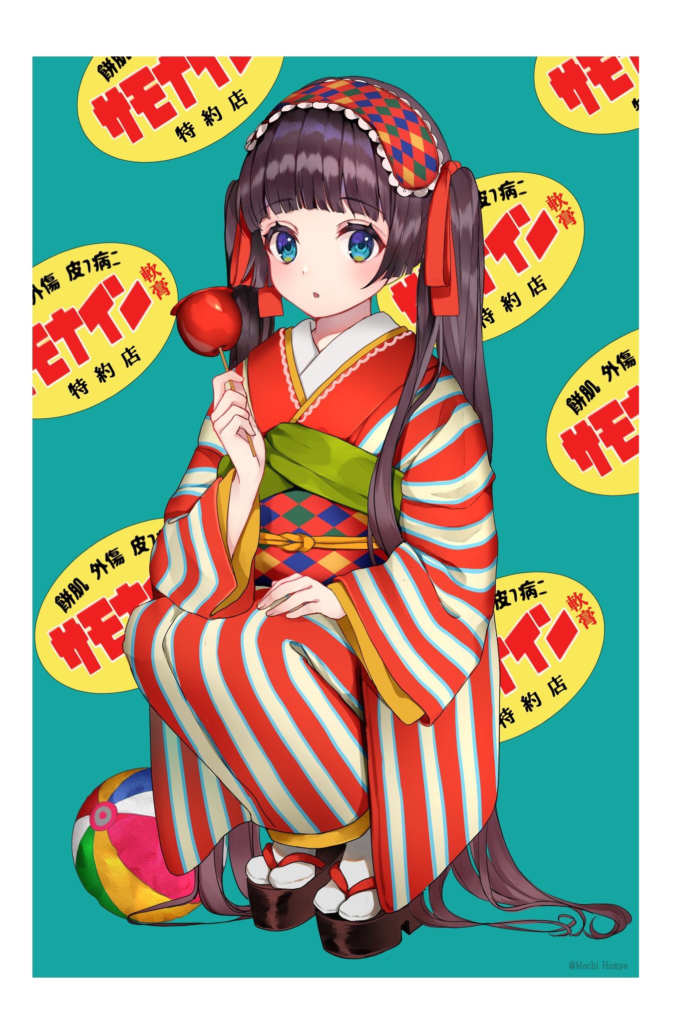 1girl ball bangs black_hair blue_eyes blunt_bangs blush border hand_up highres japanese_clothes kimono long_hair long_sleeves obi original parted_lips patterned_background sandals sash socks solo squatting striped striped_kimono twintails usamochi. very_long_hair white_border wide_sleeves