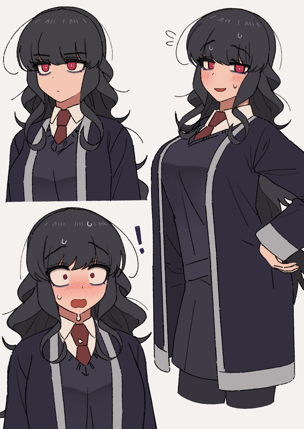 ! 1girl bangs black_cardigan black_hair black_skirt black_sweater blush cardigan collared_shirt eyebrows_visible_through_hair full-face_blush grey_background highres multiple_views nakta necktie open_mouth original red_eyes red_neckwear school_uniform shirt skirt smile surprised sweater upper_body whit_shirt