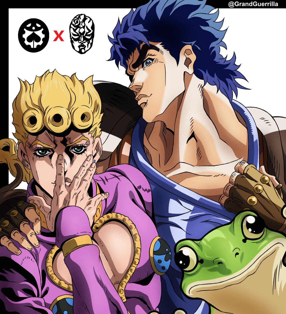 2boys animal armor artist_name blonde_hair blue_eyes blue_hair blue_shirt braid braided_ponytail brown_gloves bug center_opening closed_mouth clothes_pull commentary earrings english_commentary eyebrows father_and_son fingerless_gloves frog giorno_giovanna gloves grandguerrilla green_eyes hand_on_another's_shoulder hand_up highres insect jewelry jojo_no_kimyou_na_bouken jojo_pose jonathan_joestar ladybug long_hair looking_at_viewer male_focus multiple_boys official_style pose pulled_by_self shirt shirt_pull short_hair shoulder_armor stone_mask_(jojo) stud_earrings symbol_commentary thick_eyebrows time_paradox