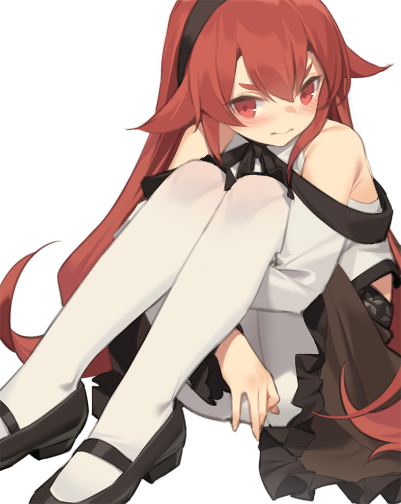 1girl bangs bare_shoulders black_footwear black_hairband blush closed_mouth eris_greyrat hair_between_eyes hair_flaps hairband kildir leg_hug legs long_hair long_sleeves mary_janes mushoku_tensei pantyhose red_eyes redhead shoes simple_background sitting skirt solo white_background white_legwear