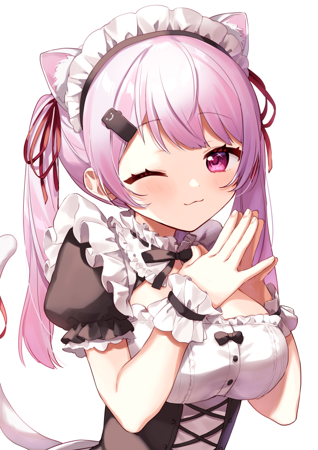 1girl ;) alternate_costume animal_ear_fluff animal_ears bangs black_dress blush breasts cat_ears cat_girl cat_tail closed_mouth commentary_request dress enmaided eyebrows_visible_through_hair hair_ornament hair_ribbon hairclip hands_up long_hair maid maid_headdress medium_breasts nijisanji one_eye_closed pink_hair puffy_short_sleeves puffy_sleeves red_ribbon ribbon shiina_yuika short_sleeves simple_background smile solo steepled_fingers tail tail_ornament tail_raised tail_ribbon twintails upper_body violet_eyes virtual_youtuber white_background wrist_cuffs yamabukiiro