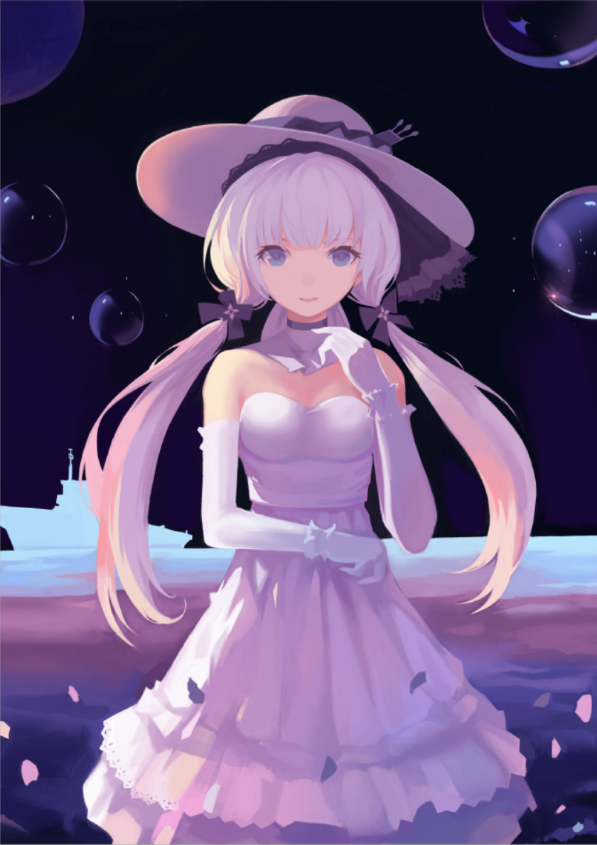1girl azur_lane bare_shoulders blue_eyes breasts bubble detached_collar dress elbow_gloves gloves hat illustrious_(azur_lane) lace-trimmed_headwear lace_trim large_breasts long_hair looking_at_viewer petals sc068 ship sleeveless sleeveless_dress solo strapless strapless_dress sun_hat tri_tails water watercraft white_dress white_gloves white_hair white_headwear