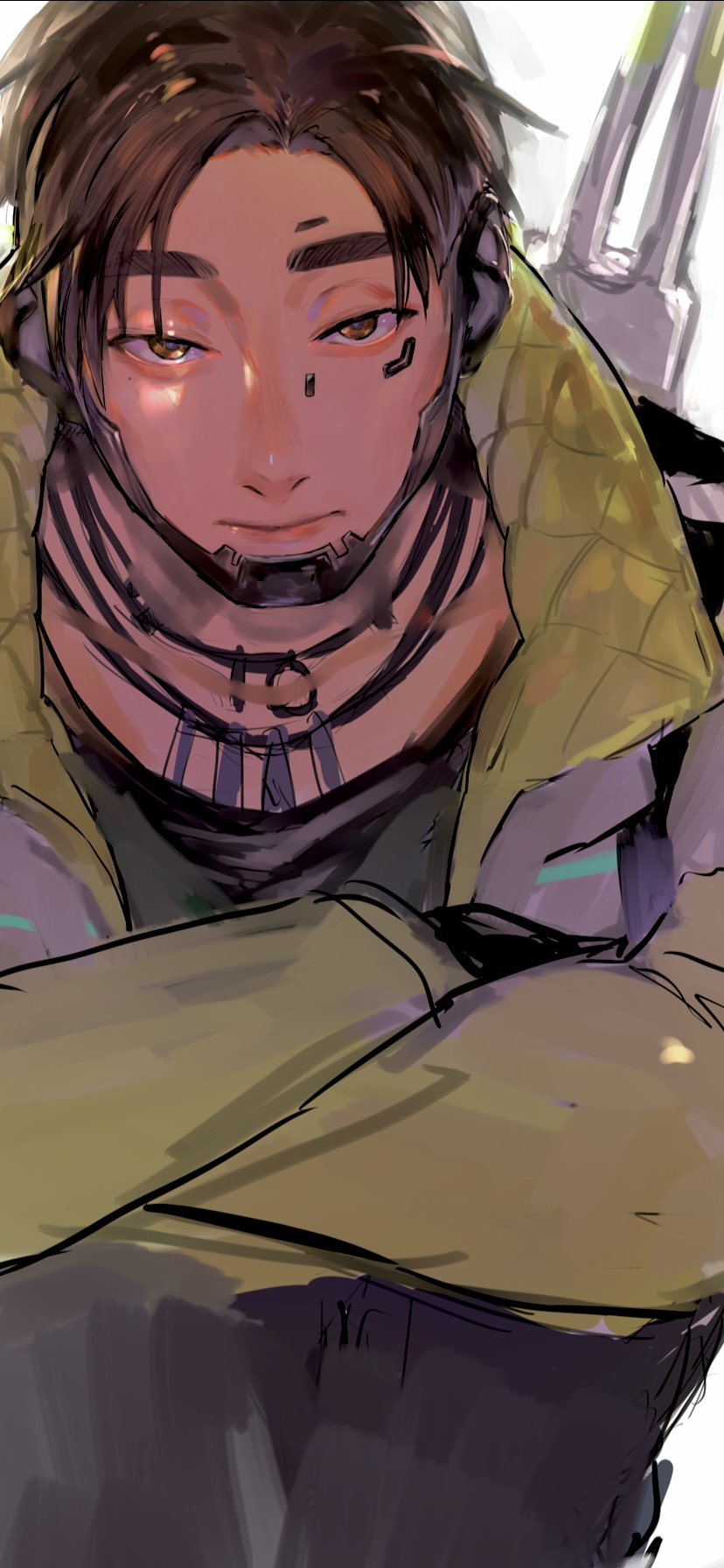 1boy apex_legends black_hair black_shirt brown_eyes crossed_arms crypto_(apex_legends) green_sleeves grey_jacket hack_(apex_legends) highres jacket jewelry kawaniwa male_focus necklace shirt sitting sketch solo white_background
