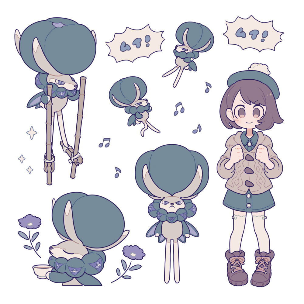 1girl blush bob_cut boots brown_eyes brown_footwear brown_hair buttons calyrex cardigan clenched_hands closed_eyes closed_mouth collared_dress cup dress eyebrows_visible_through_hair flower gen_8_pokemon gloria_(pokemon) green_dress green_headwear grey_cardigan hands_up hat hooded_cardigan legendary_pokemon musical_note pigeon-toed pokemon pokemon_(creature) pokemon_(game) pokemon_swsh purple_flower shiroimoufu short_hair smile sparkle standing symbol_commentary tam_o'_shanter tea thigh-highs v-shaped_eyebrows white_legwear
