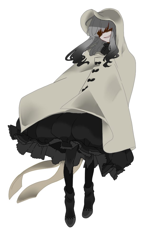 androgynous asrbpy black_footwear black_legwear facing_viewer full_body gen_7_pokemon grey_hair grin hood long_hair mimikyu personification pokemon simple_background smile solo white_background