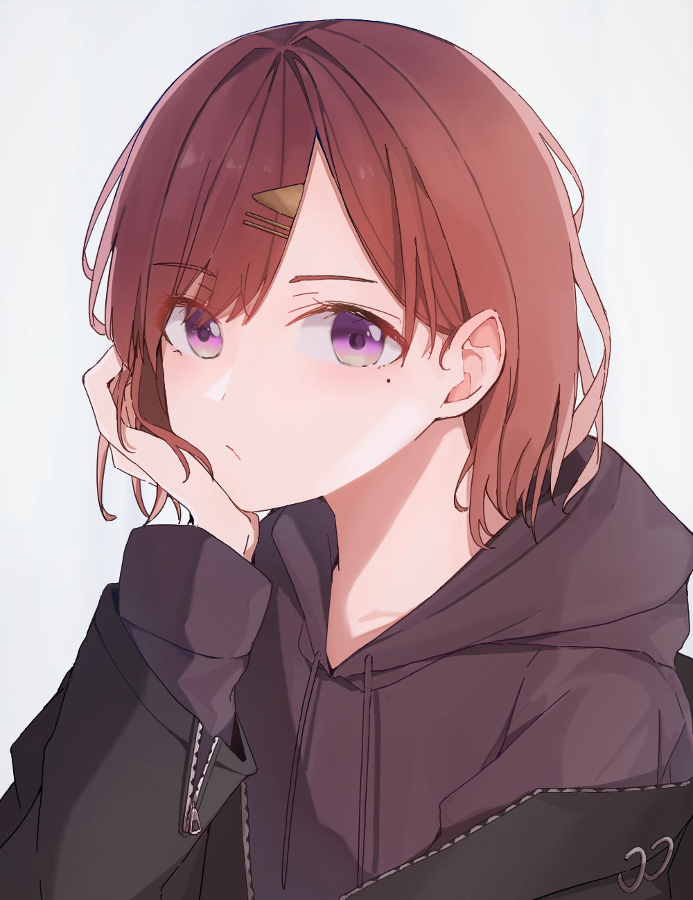 1girl bangs black_jacket expressionless eyebrows_visible_through_hair frown hair_ornament hairpin hand_on_own_cheek hand_on_own_face highres higuchi_madoka hood hoodie idolmaster idolmaster_shiny_colors jacket long_sleeves looking_at_viewer mole mole_under_eye open_clothes open_jacket redhead short_hair simple_background solo upper_body viewran white_background