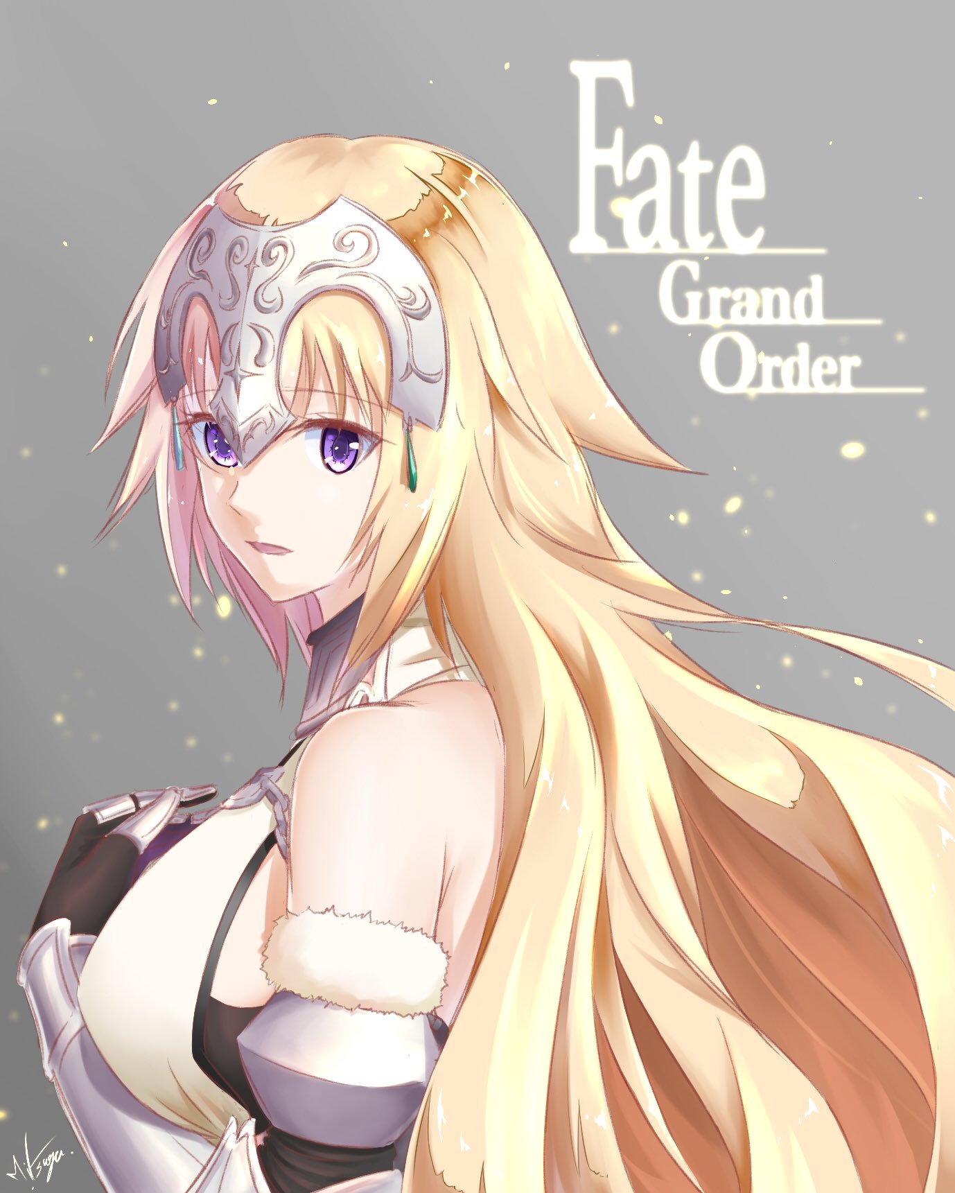 1girl armor armored_dress bangs bare_shoulders black_gloves blonde_hair breasts chain cute detached_sleeves dress eyebrows_visible_through_hair fate/apocrypha fate/grand_order fate_(series) from_side gauntlets gloves grey_background headpiece highres jeanne_d'arc_(fate) jeanne_d'arc_(fate)_(all) large_breasts long_hair mitsugu moe open_mouth ruler_(fate/apocrypha) sideboob solo type-moon very_long_hair violet_eyes white_dress