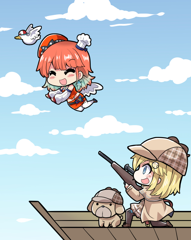 2girls backwards_hat baseball_cap bird blonde_hair blue_eyes brown_headwear bubba_(watson_amelia) chef_hat chibi clouds cloudy_sky colonel_aki duck earrings feather_earrings feathers flying gradient_hair gun hair_ornament hat hololive hololive_english jewelry monocle monocle_hair_ornament multicolored_hair multiple_girls orange_hair orange_headwear sky subaru_duck takanashi_kiara virtual_youtuber watson_amelia weapon wings