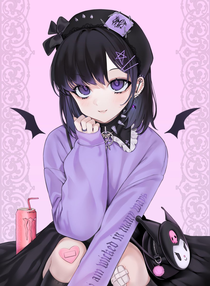1girl bag bangs bat_wings beret black_bow black_hair black_headwear bow can choker clenched_hand drinking_straw hair_ornament handbag hat hat_bow highres long_sleeves looking_at_viewer monster_energy multicolored_hair ompf original purple_hair purple_sweater sleeves_past_wrists smile solo spiked_choker spikes star_(symbol) star_hair_ornament streaked_hair sweater wings