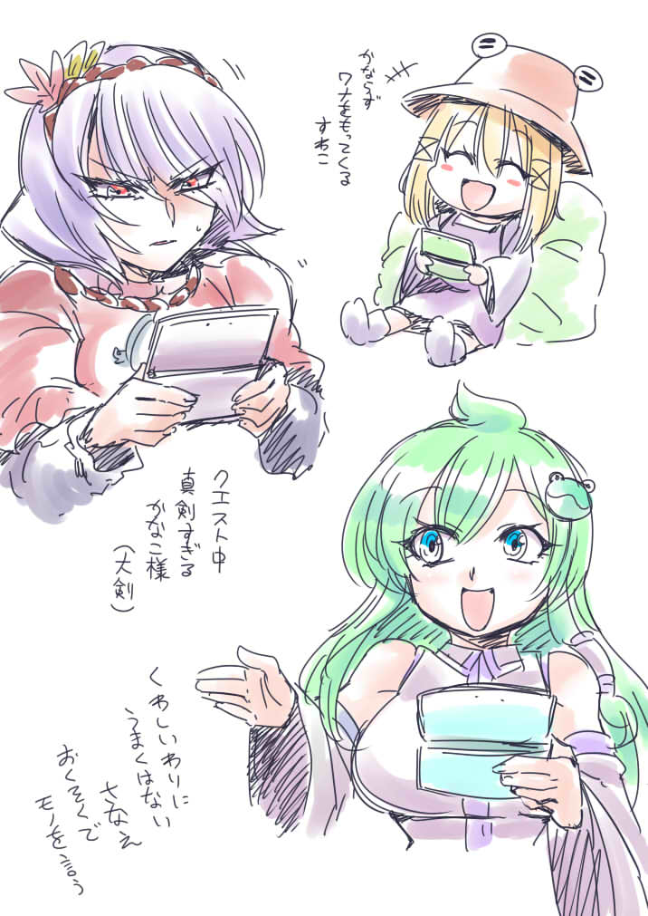 3girls blonde_hair breasts detached_sleeves frog_hair_ornament green_eyes green_hair hair_ornament hair_ribbon handheld_game_console hat kochiya_sanae long_hair looking_at_viewer moriya_suwako multiple_girls nintendo_ds open_mouth ribbon short_hair simple_background smile touhou tukiwani white_background