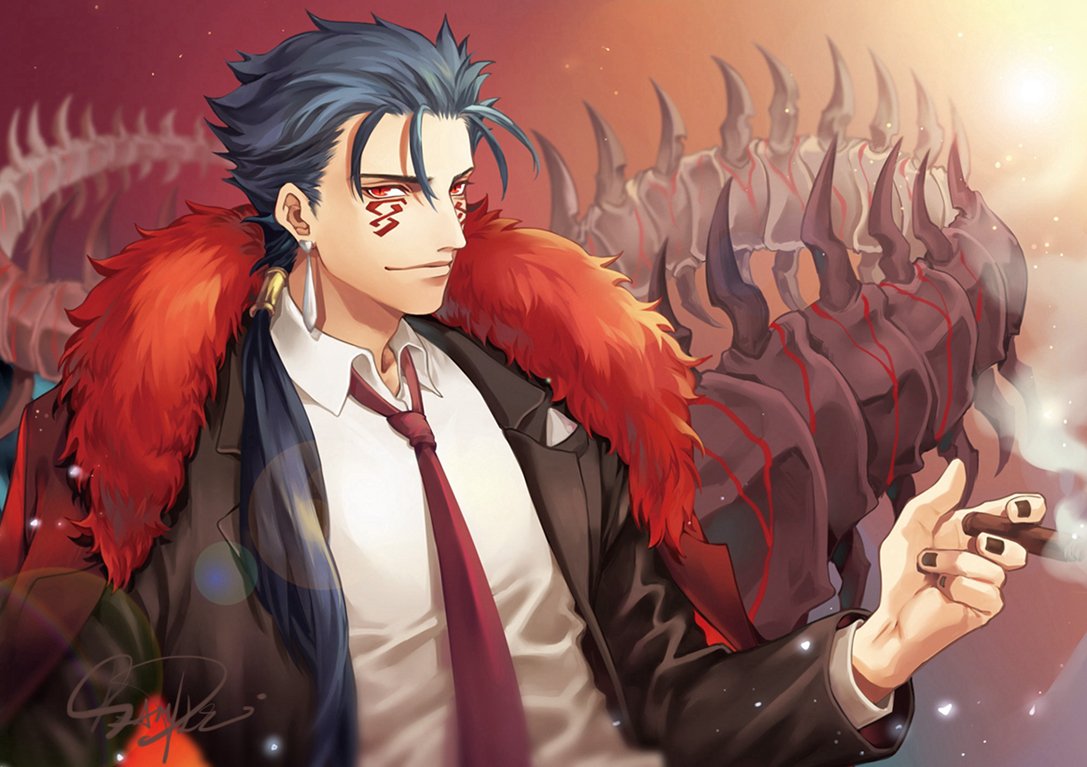 1boy alternate_costume beads black_nails blue_hair cigar closed_mouth coat collared_shirt cu_chulainn_(fate)_(all) cu_chulainn_alter_(fate/grand_order) dark_blue_hair dark_persona earrings facepaint fate/grand_order fate_(series) formal fur-trimmed_jacket fur_trim hair_beads hair_ornament jacket jewelry kuzen long_hair long_sleeves looking_at_viewer male_focus monster_boy nail_polish necktie open_clothes open_jacket overcoat ponytail red_eyes shirt signature smile smoke smoking solo spikes spiky_hair suit tail