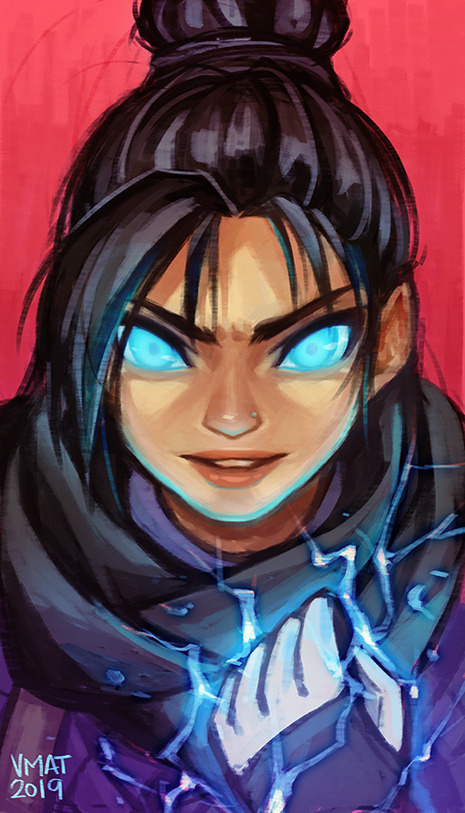 1girl apex_legends artist_name bangs black_hair black_scarf blue_eyes clenched_hand electricity glowing glowing_eyes hair_behind_ear hair_bun looking_at_viewer nose_piercing parted_lips piercing red_background scarf smile solo upper_body v-shaped_eyebrows vmat wraith_(apex_legends)