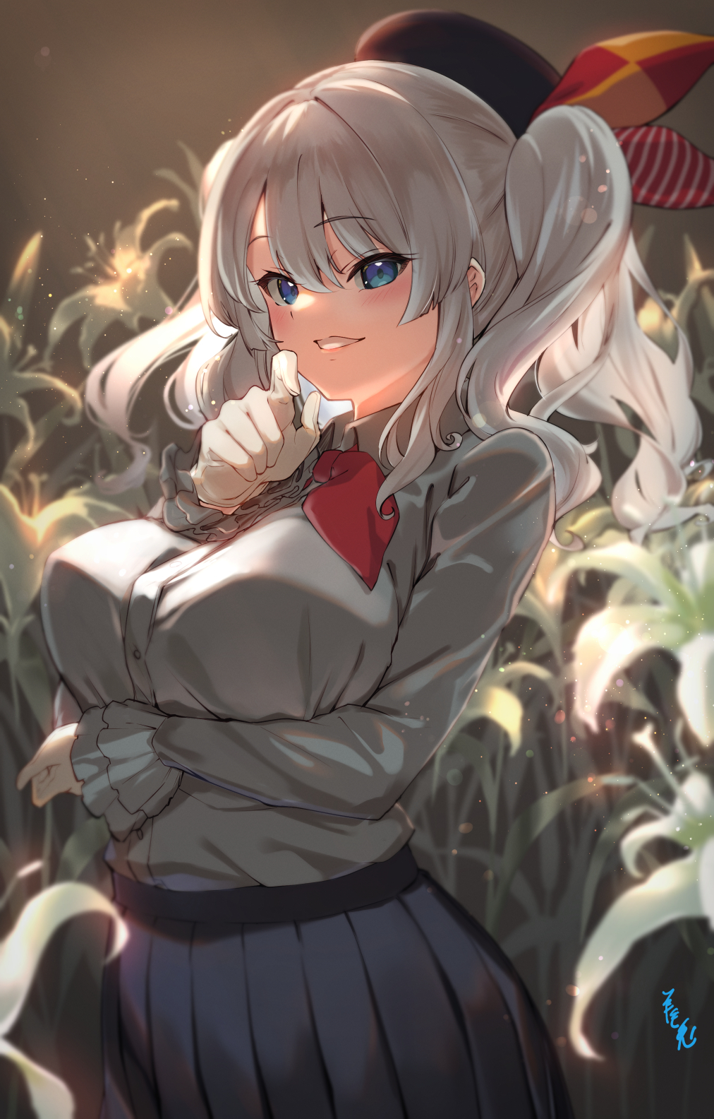 1girl beret black_headwear black_skirt blue_eyes blush breasts collared_shirt eyebrows_visible_through_hair gloves grey_shirt hair_between_eyes hat highres kantai_collection kashima_(kancolle) kerchief large_breasts long_hair long_sleeves pleated_skirt red_neckwear shirt signature silver_hair skirt smile solo twintails white_gloves youmou_usagi