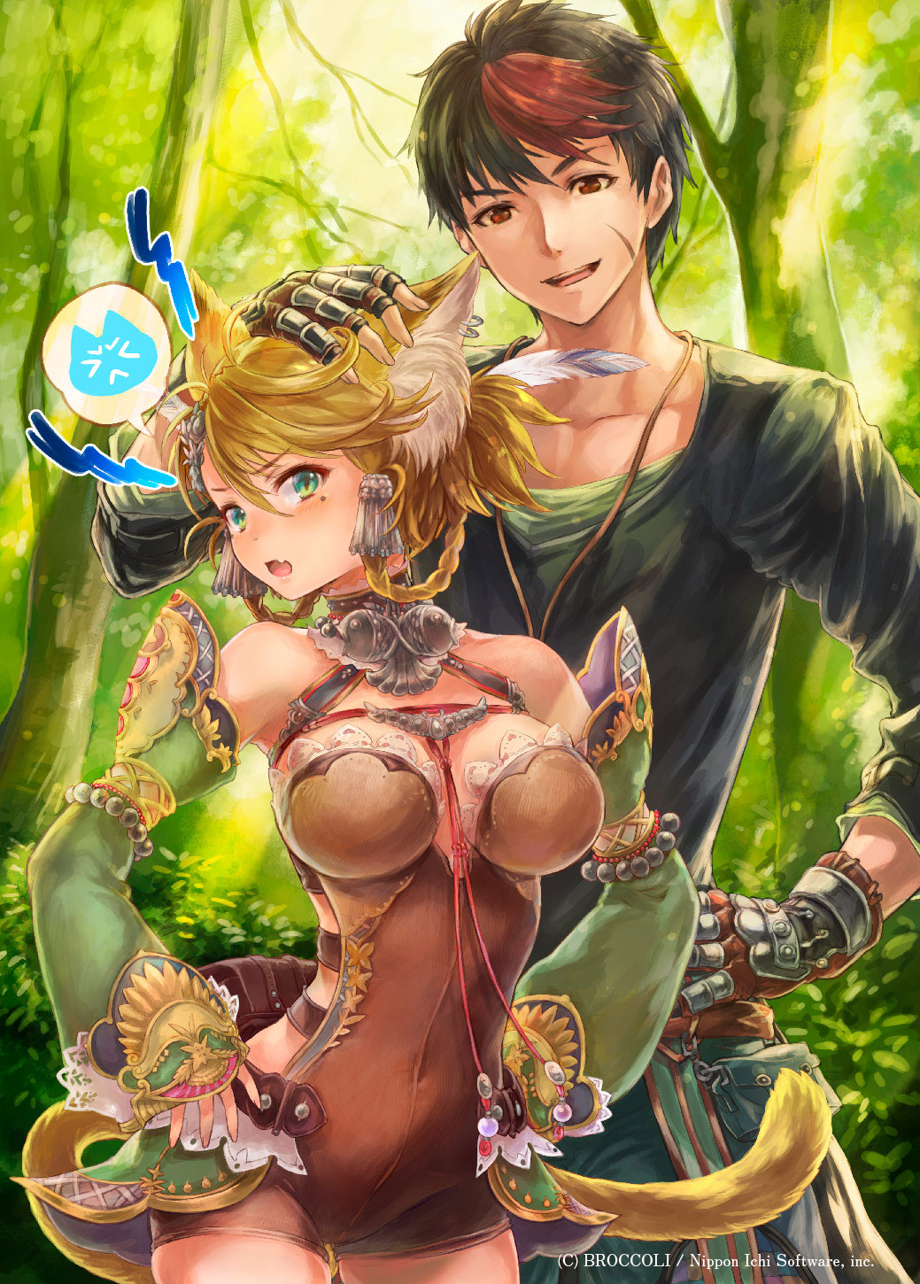 1boy 1girl animal_ears black_hair black_shirt blonde_hair blush breasts character_request covered_navel detached_sleeves fang green_eyes hands_on_hips height_difference highres hori_airi long_sleeves medium_breasts mole mole_under_eye open_mouth outdoors plant red_eyes redhead scar shirt short_hair smile tail tree z/x