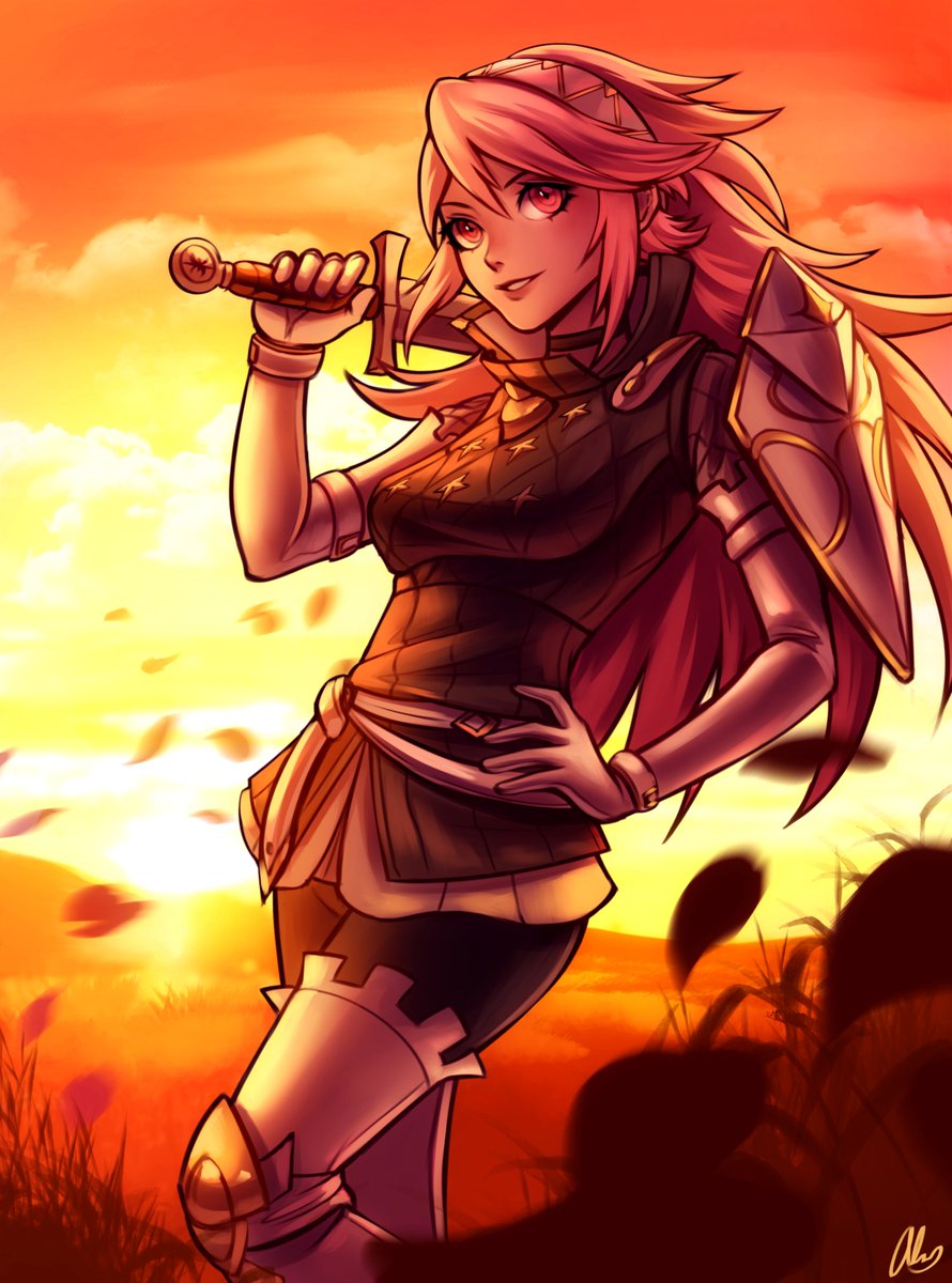 1girl alina_l breasts fire_emblem fire_emblem_fates gloves hairband hand_on_hip highres holding holding_sword holding_weapon lips long_hair looking_at_viewer medium_breasts pink_eyes pink_hair smile soleil_(fire_emblem) solo sunset sword weapon white_gloves