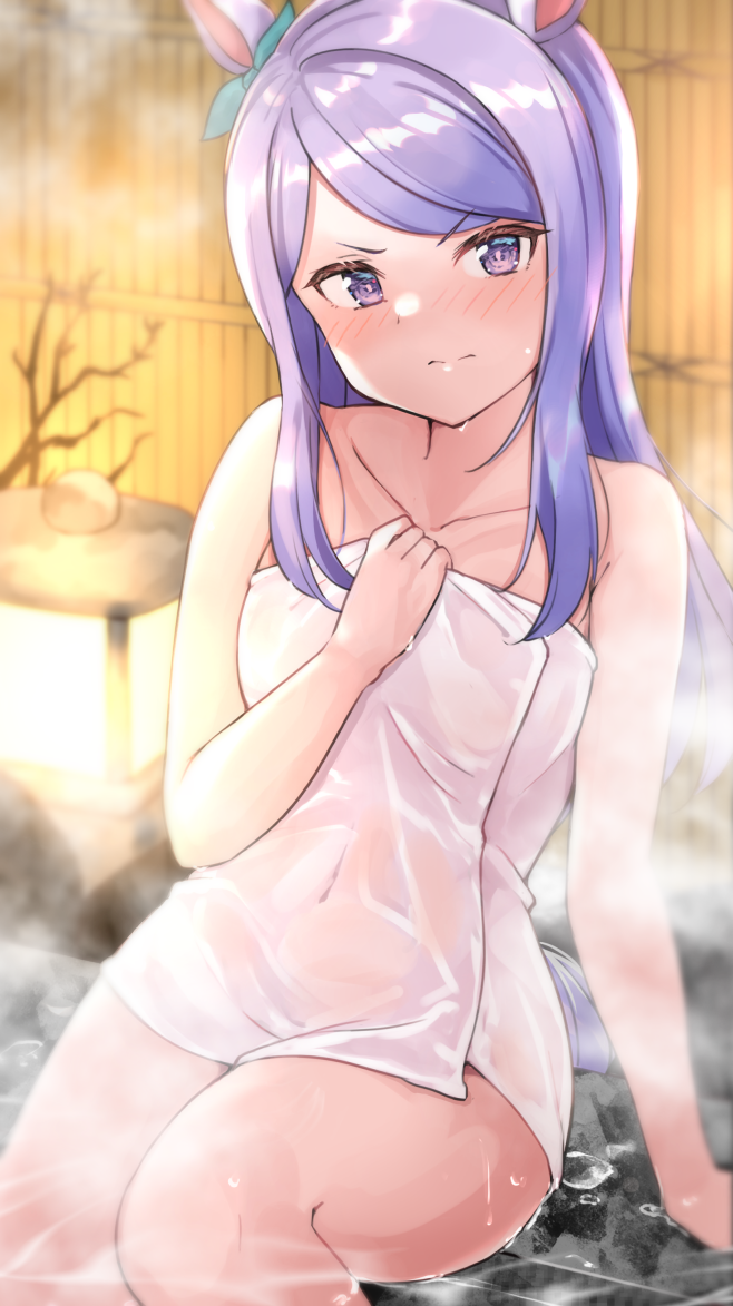 1girl angry animal_ears bangs bare_shoulders bath blush closed_mouth collarbone covered_navel ear_ornament ear_ribbon embarrassed holding holding_towel horse_ears horse_girl horse_tail long_hair looking_at_viewer mejiro_mcqueen_(umamusume) naked_towel onsen purple_hair see-through shiitake_taishi silver_hair sitting solo steam swept_bangs tail towel umamusume violet_eyes wet_towel white_towel