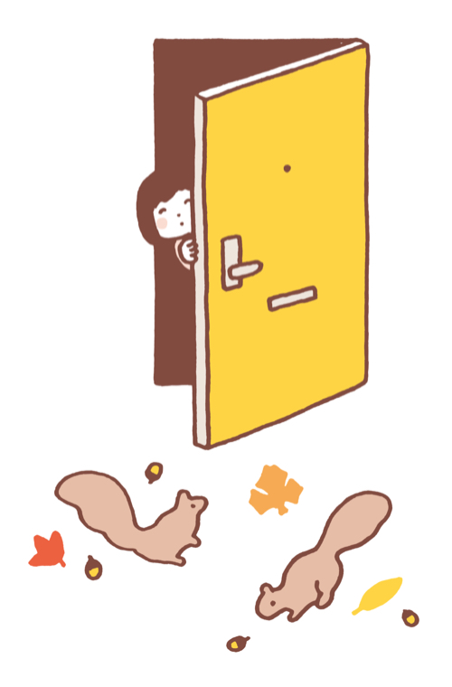 ._. ^_^ acorn ambiguous_gender animal autumn_leaves blush_stickers closed_eyes commentary_request door doorknob dot_mouth dot_nose facing_viewer flat_color from_outside hand_up happy hirasawa_minami leaf maple_leaf opening_door original peephole short_hair simple_background solo squirrel white_background